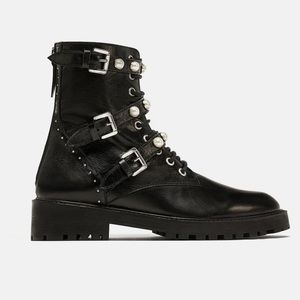 Zara Leather Ankle Boots with Pearls